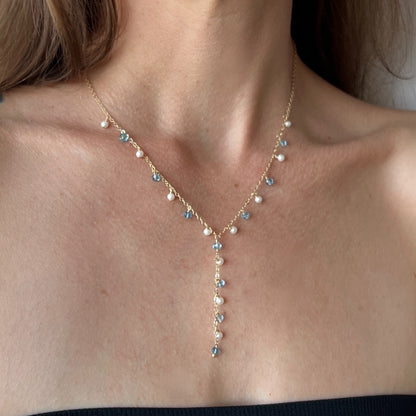 Enchantment Lariat Necklace | Blue Topaz & Pearl Bridal Statement Necklace