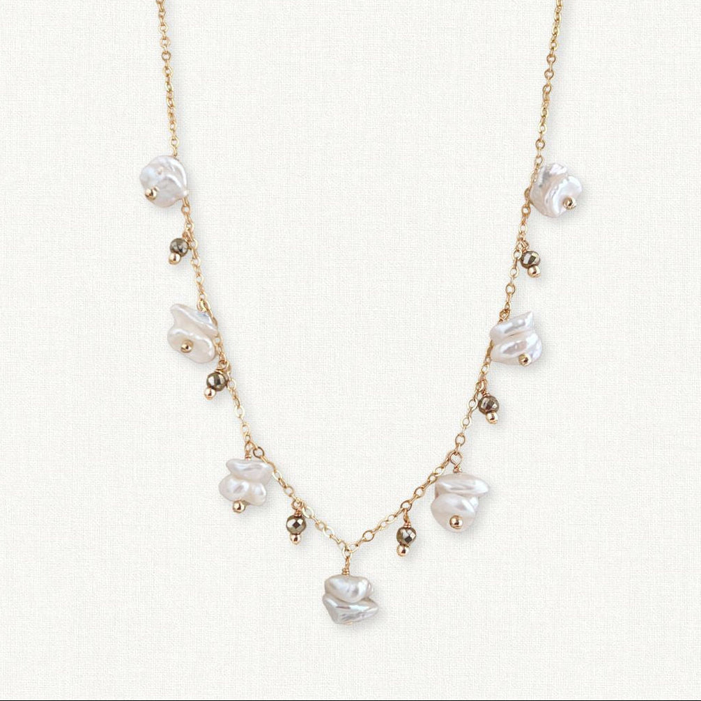 Keshi Pearl & Pyrite Dangle Necklace