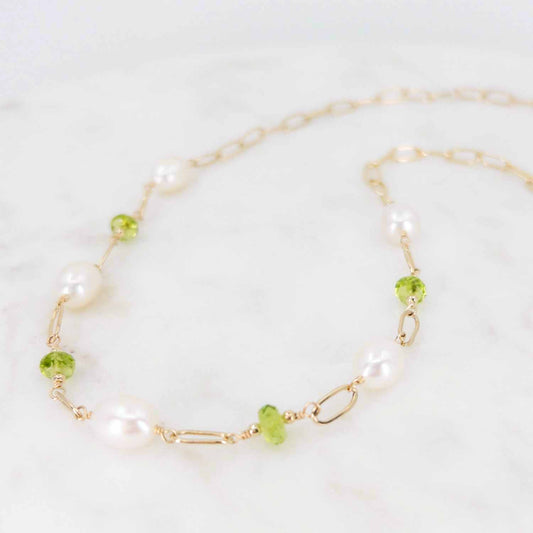 Peridot and Pearl Paper Clip Chain Necklace