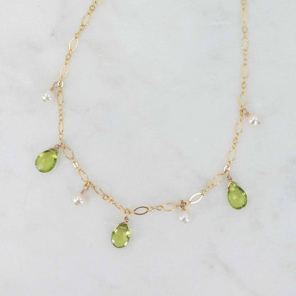 14k gold filled peridot and pearl dangle necklace