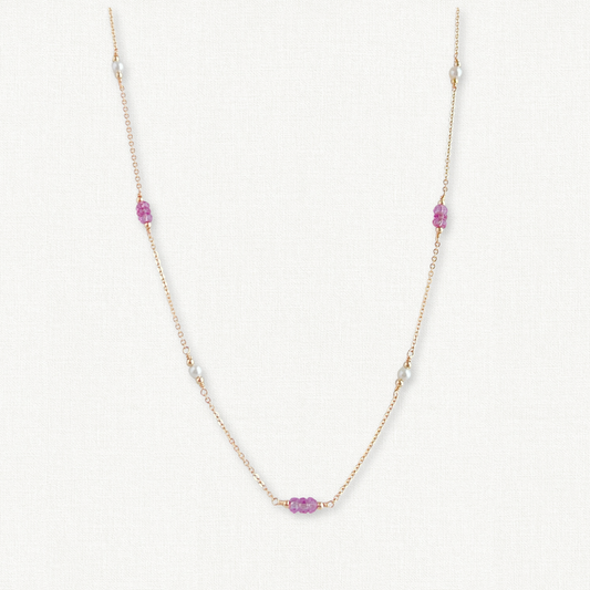 Gigi Pink Topaz and Pearl Station Necklace