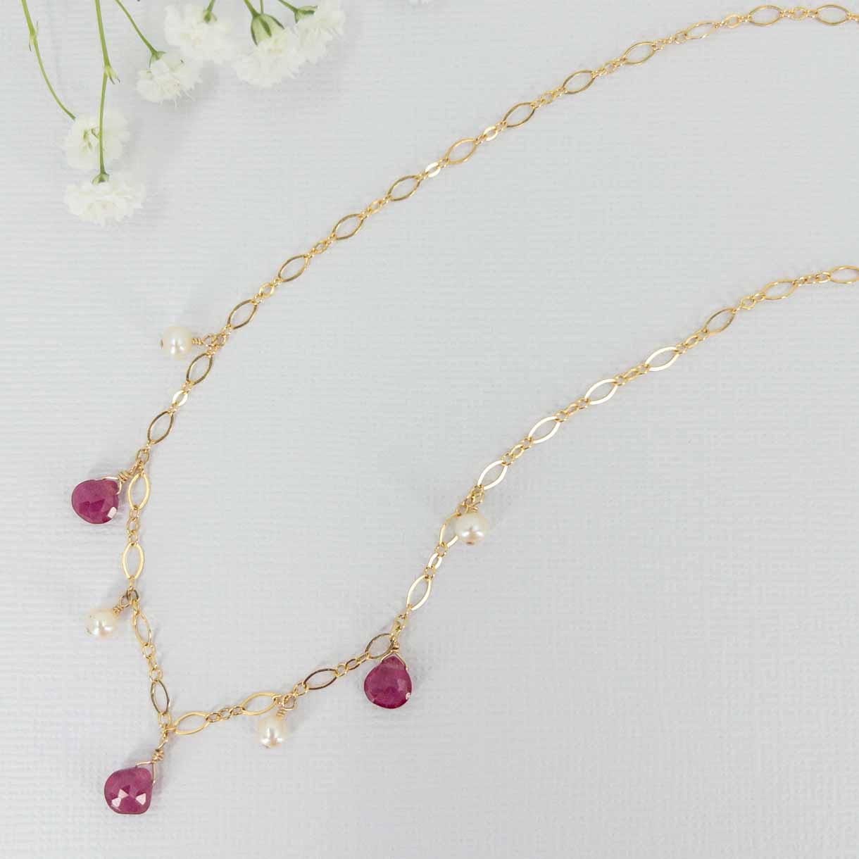 Ruby and Pearl Dangle Necklace