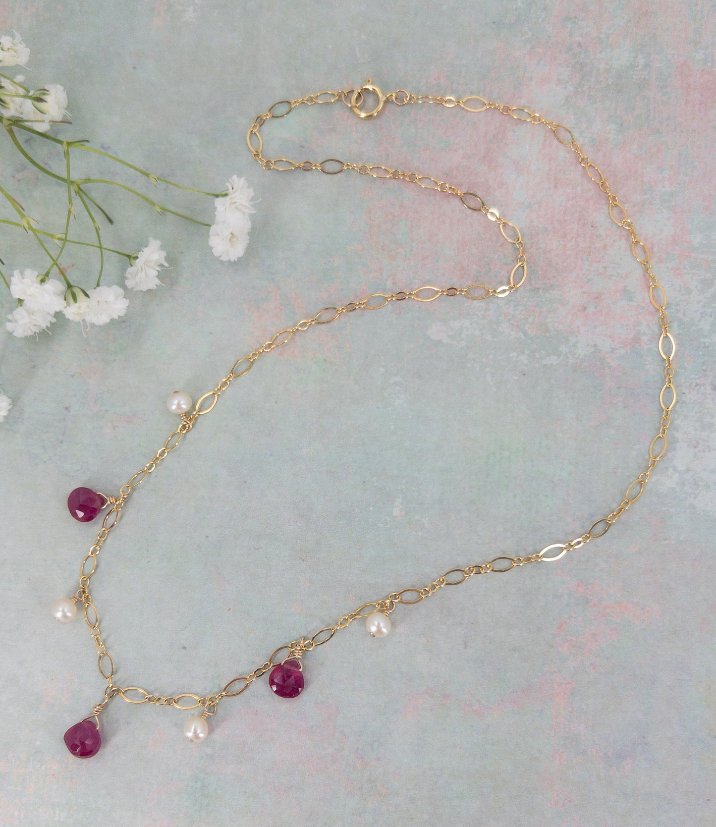 Ruby and Pearl Dangle Necklace