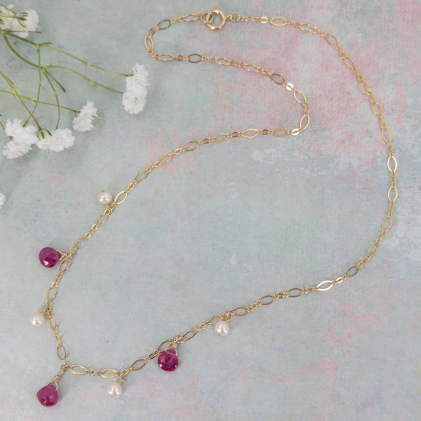 Ruby and Pearl Dangle Necklace