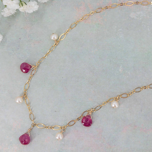Ruby and Pearl Necklace on 14k gold filled chain