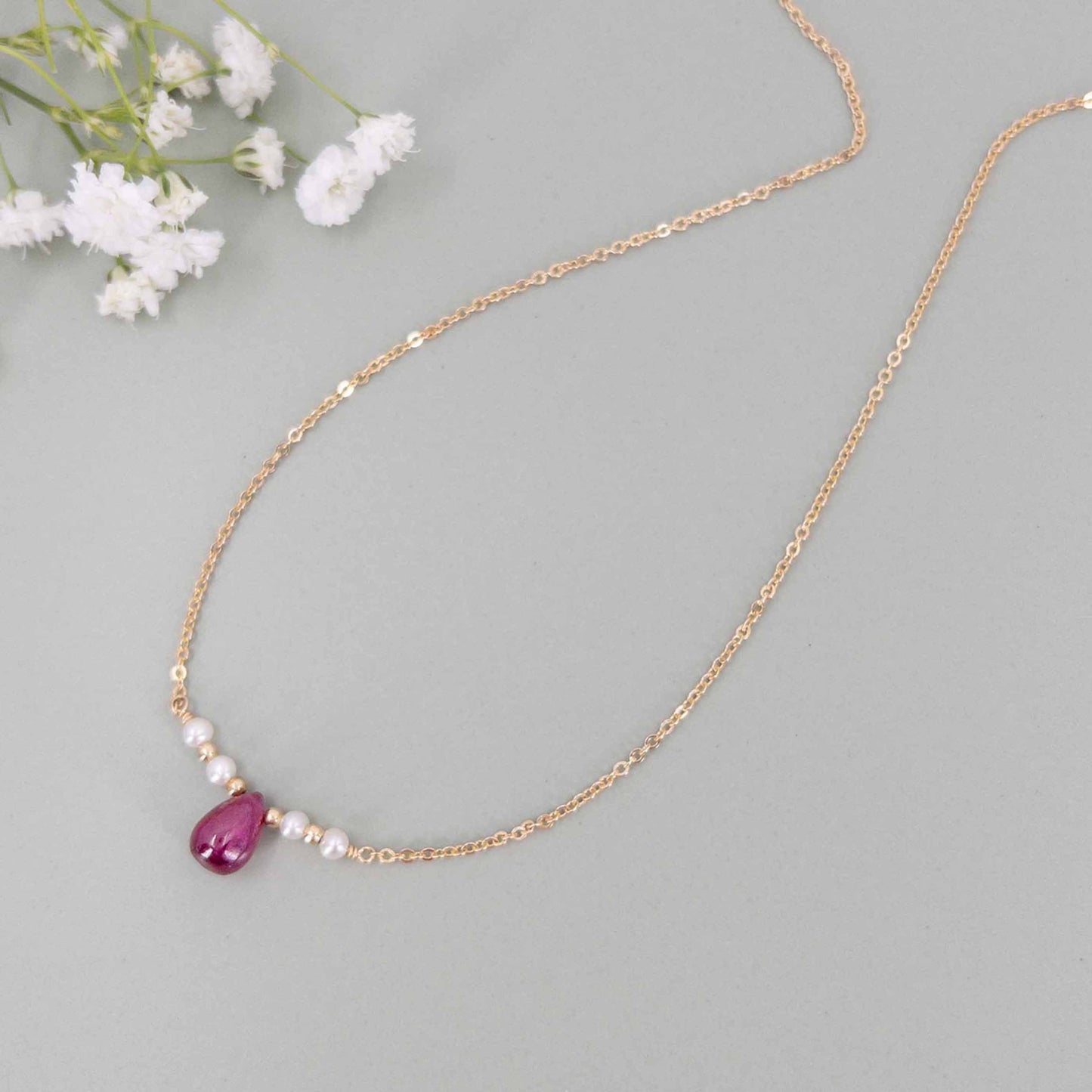 Ruby and Pearl Bar Necklace