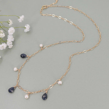 14k gold filled chain with 3 small sapphire gemstones and 4 freshwater pearls