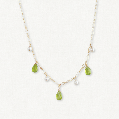 Green Peridot Necklace with pearls on dainty chain
