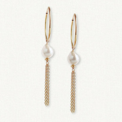 freshwater pearl earrings with a 20mm hoop, baroque pearl and 1 inch tassels