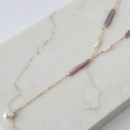 close up of Vivara Pearl Lariat Necklace
