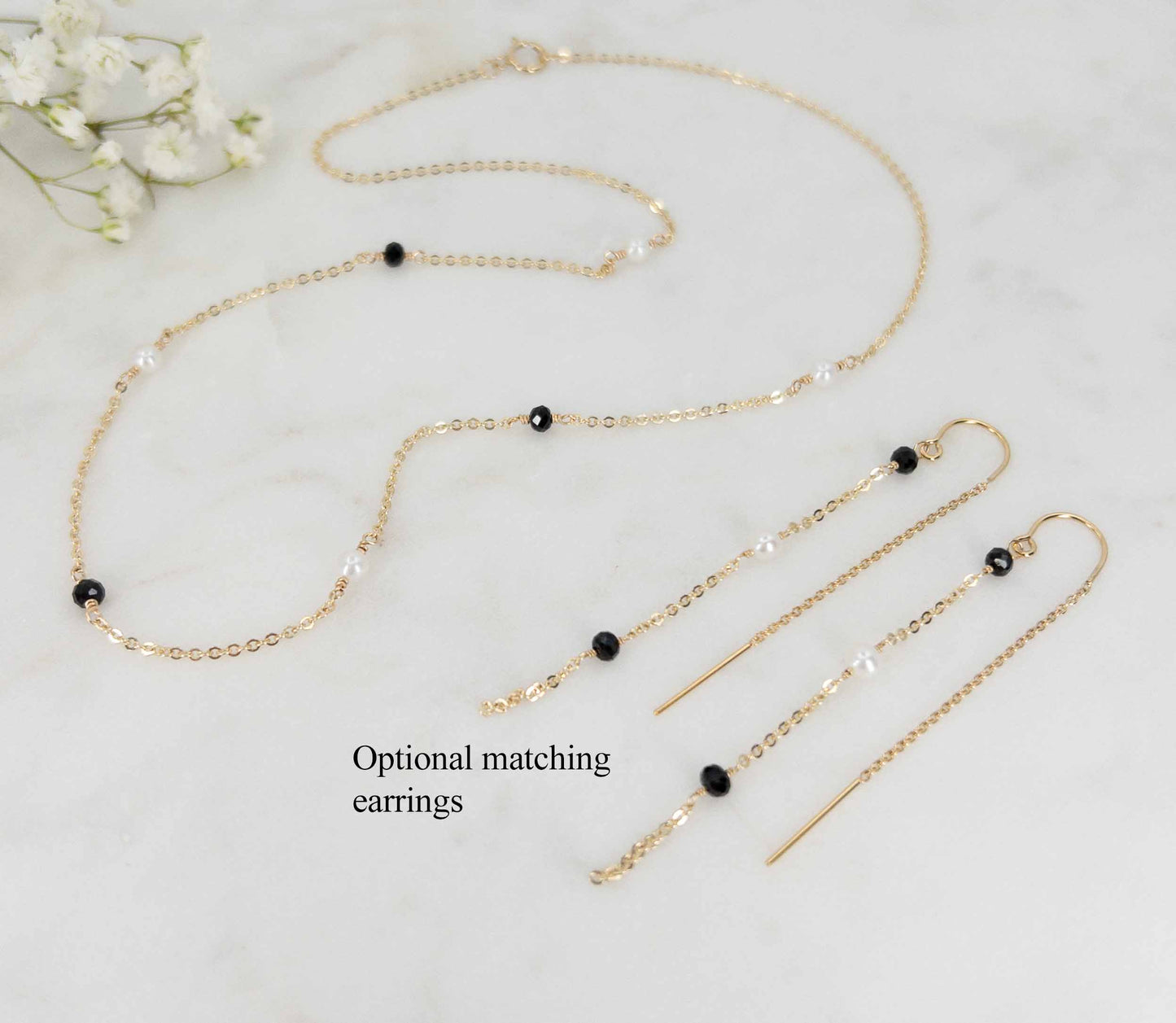 Black Spinel and Pearl Station Necklace