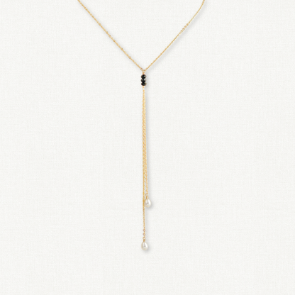 Black Spinel and Pearl Lariat Necklace
