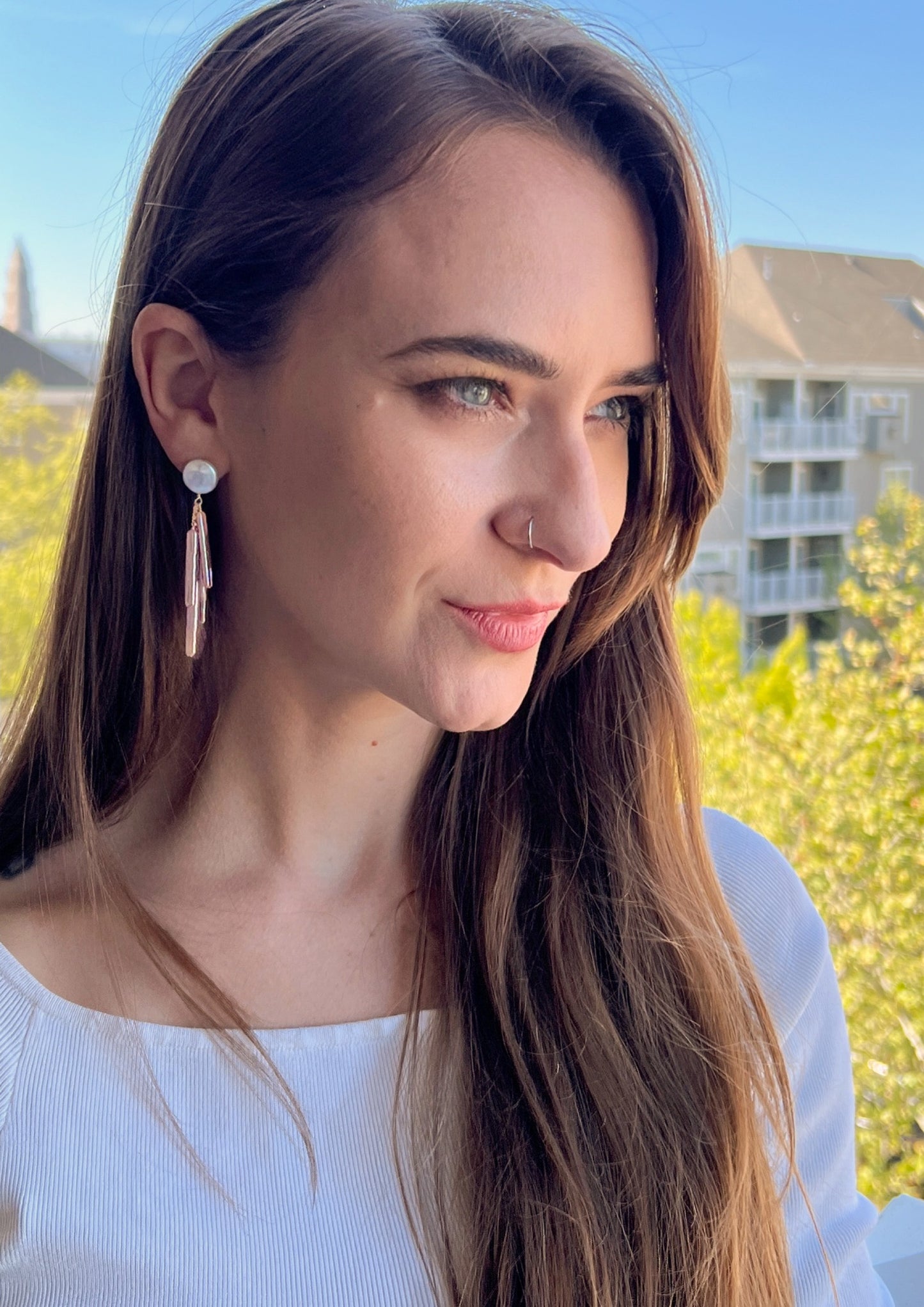 Coin Pearl Biwa Pearl Dangle Earrings