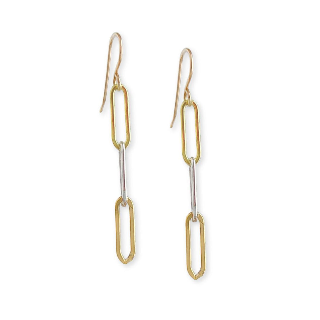 mixed metal paperclip chain earrings with fishhook ear wire on white background

