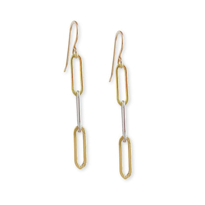 mixed metal paperclip chain earrings with fishhook ear wire on white background
