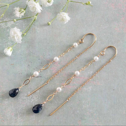 gold sapphire threader earrings