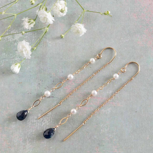 Dainty Sapphire and Pearl Threader Earrings