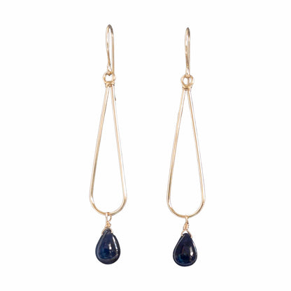 14k gold filled dangle earrings with sapphires on white background