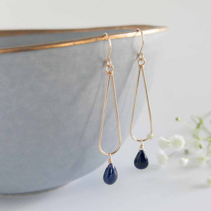 14k gold filled teardrop earrings with sapphire gemstones