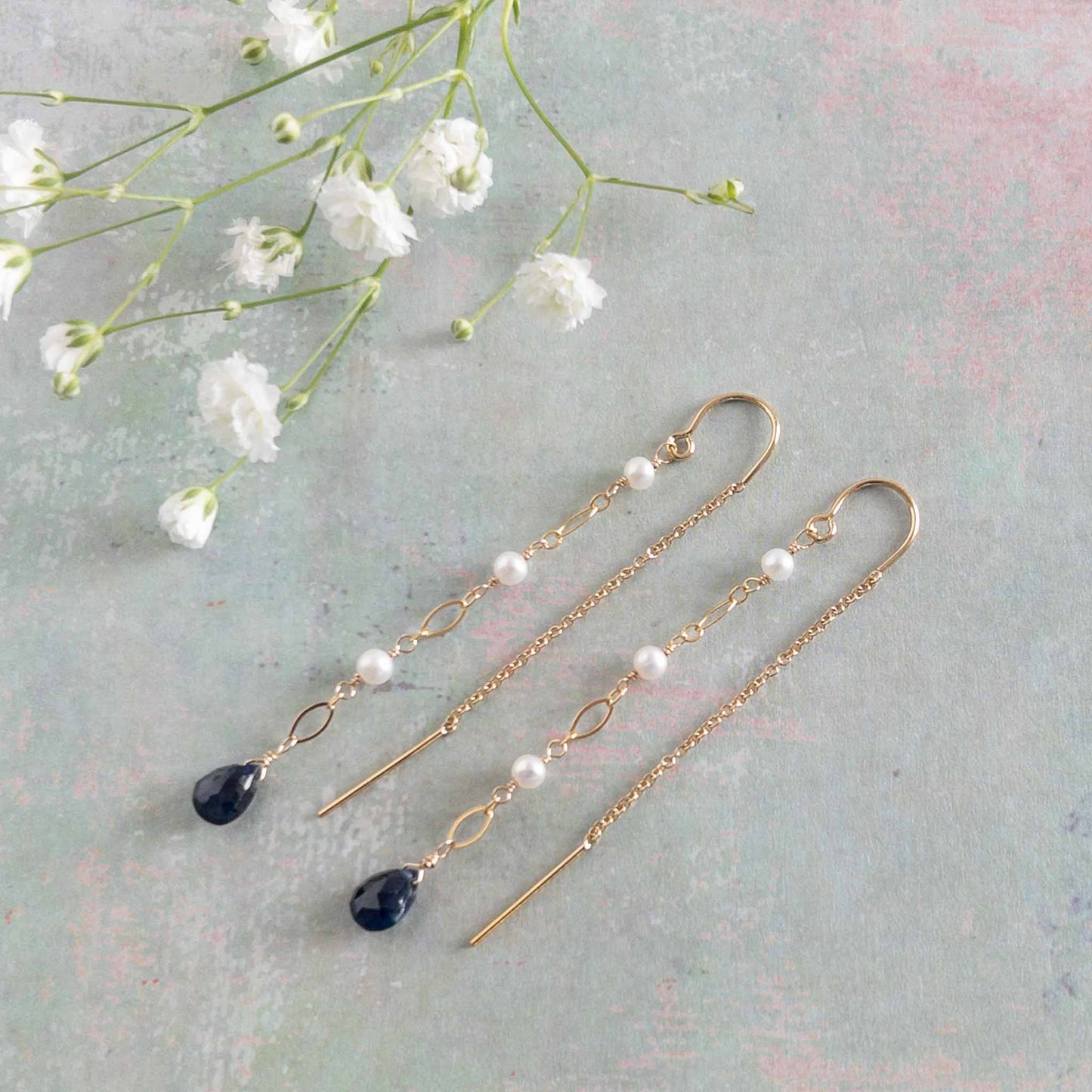 Dainty Sapphire and Pearl Threader Earrings