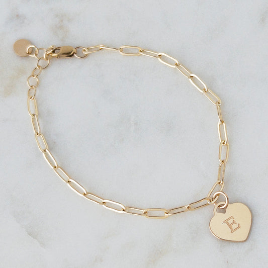 14k gold filled paperclip chain bracelet with engraved heart charm 