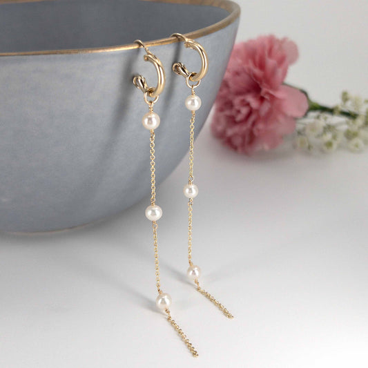 Huggie Hoop Long Pearl Earrings