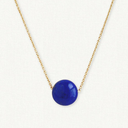 Large Lapis ball necklace floating on gold chain 