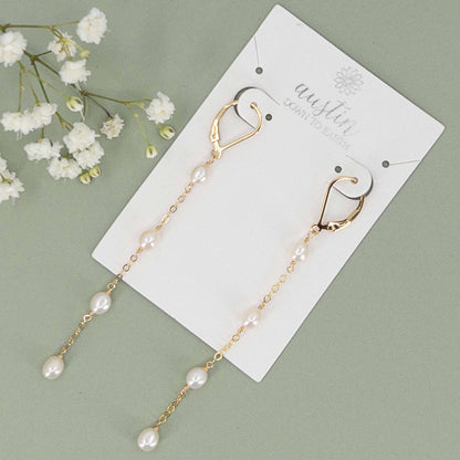 earring card with pair of lever back dangle pearl earrings