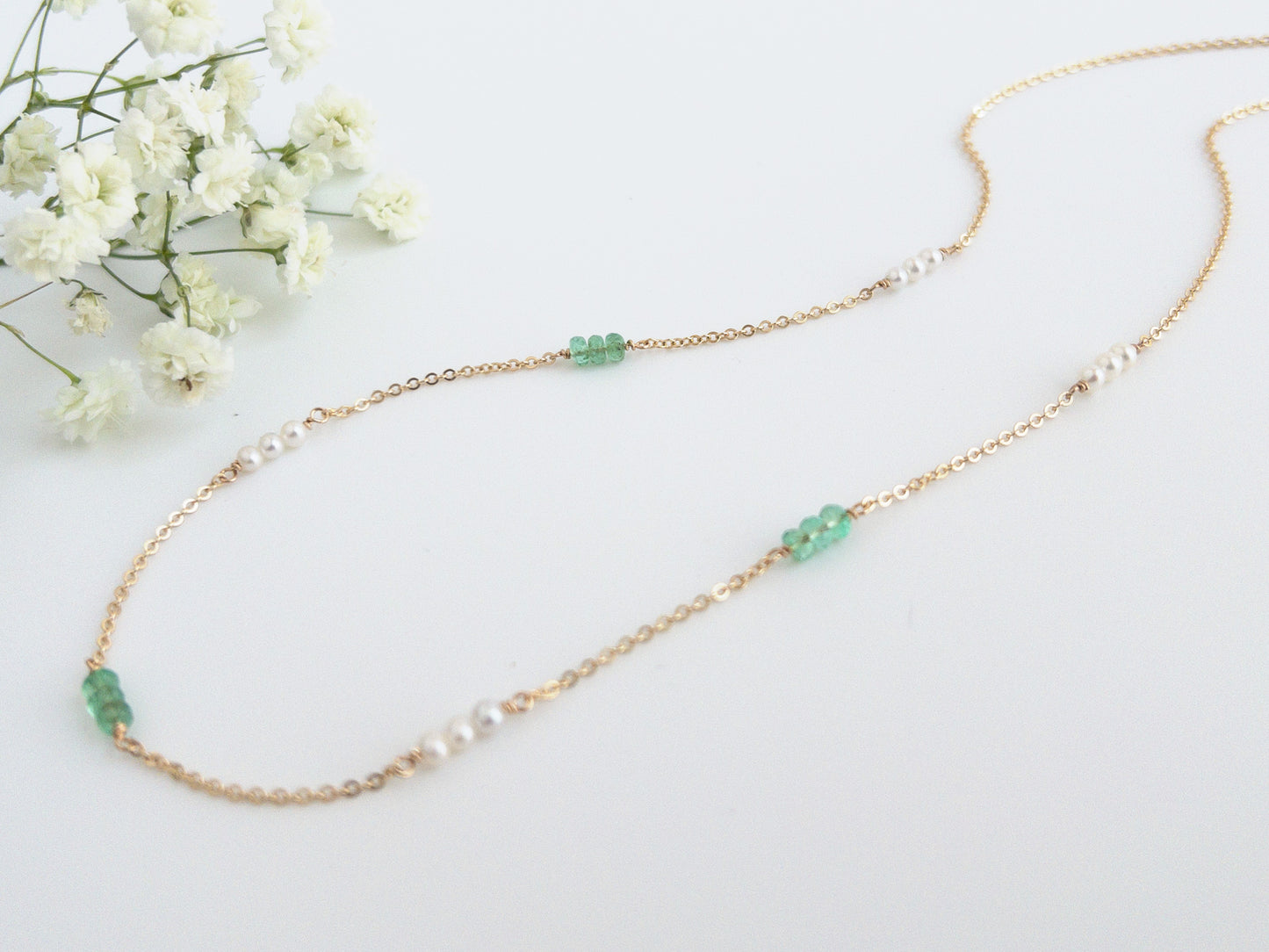 Emerald and Pearl Station Necklace