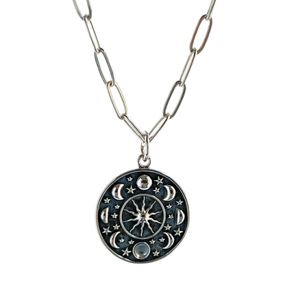 sterling silver paperclip chain necklace with moon pendant