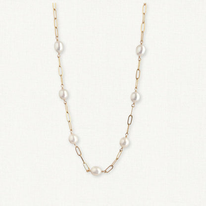 Modern Pearl necklace in gold with paperclip chain and pearls stationed between.  availabe in 18 or 20 inches