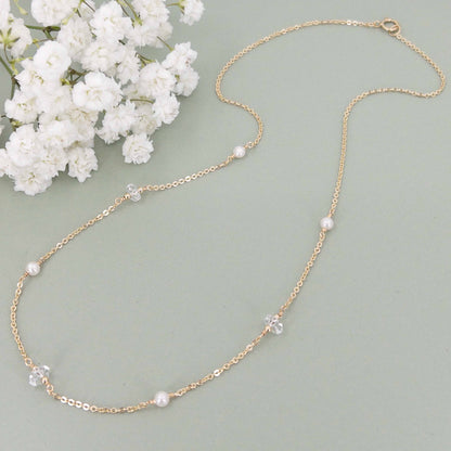 Dainty 14k gold filled chain with tiny freshwater pearls alternating with herkimer diamond crystals