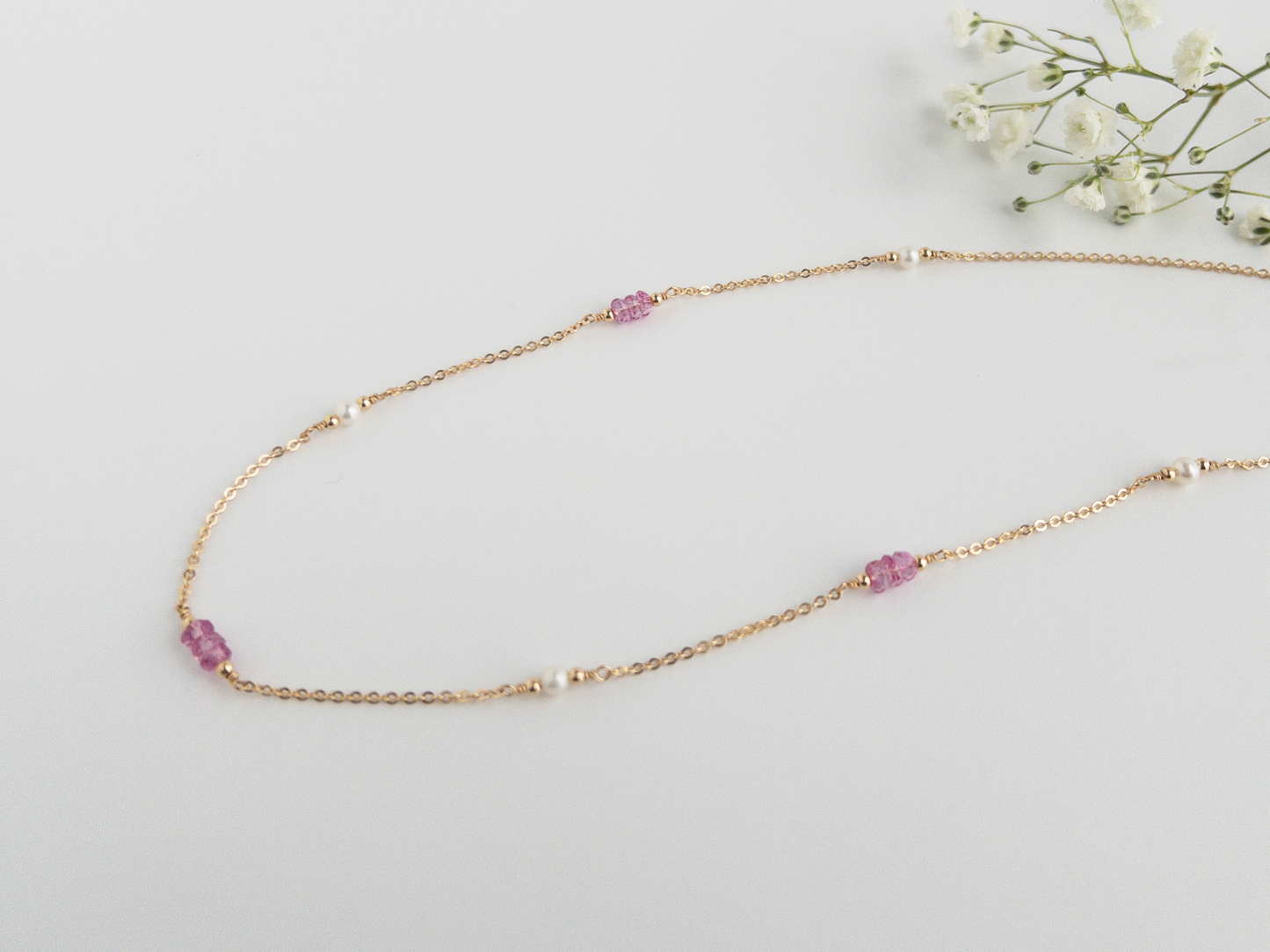 Gigi Pink Topaz and Pearl Station Necklace
