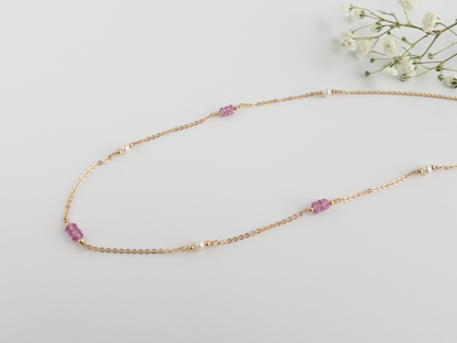 Pink Topaz and Pearl Station Necklace