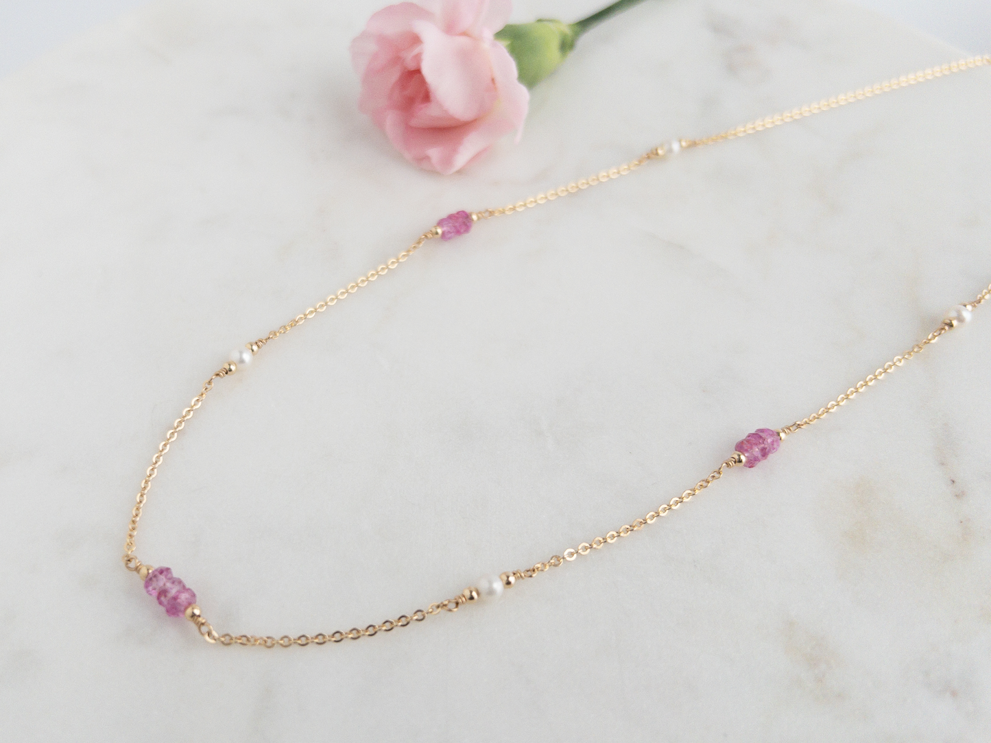 Gigi Pink Topaz and Pearl Station Necklace