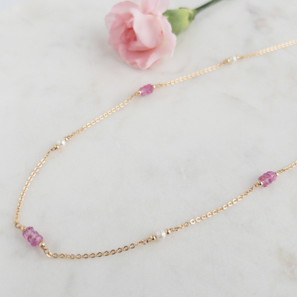Pink Topaz and Pearl Station Necklace