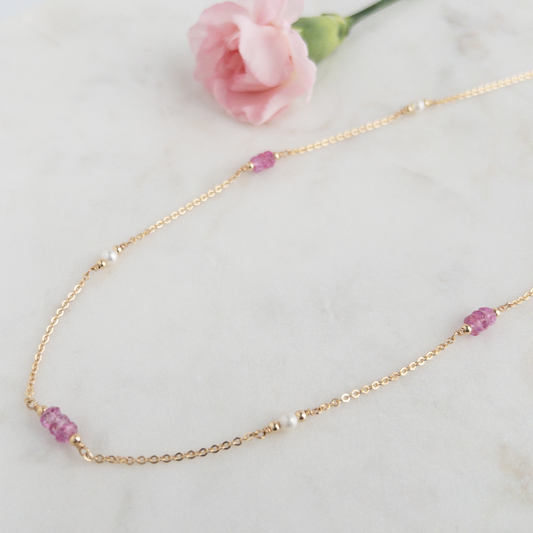 Pink Topaz and Pearl Station Necklace