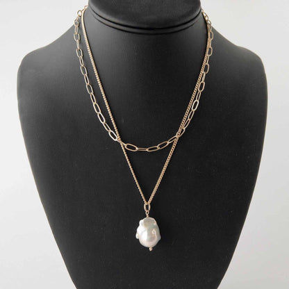 layering idea for large pearl necklace with paperclip chain in 14k gold filled