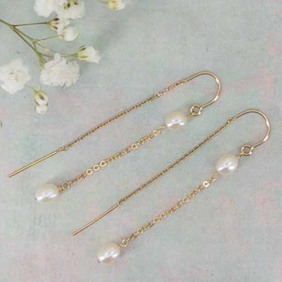 14k Gold Filled Rosa Pearl Chain Earrings on green backgrouns