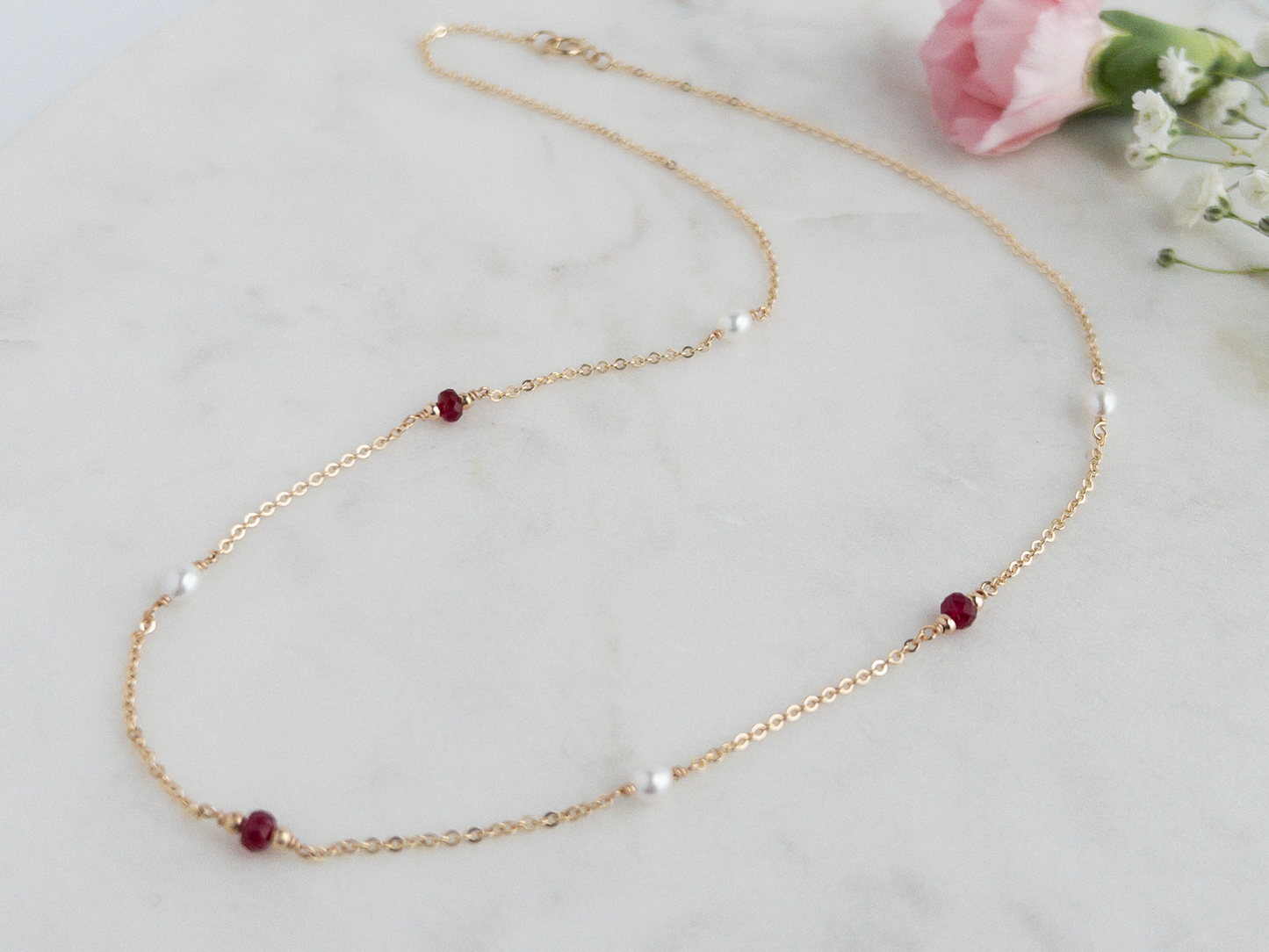 Gigi Ruby and Pearl Station Necklace