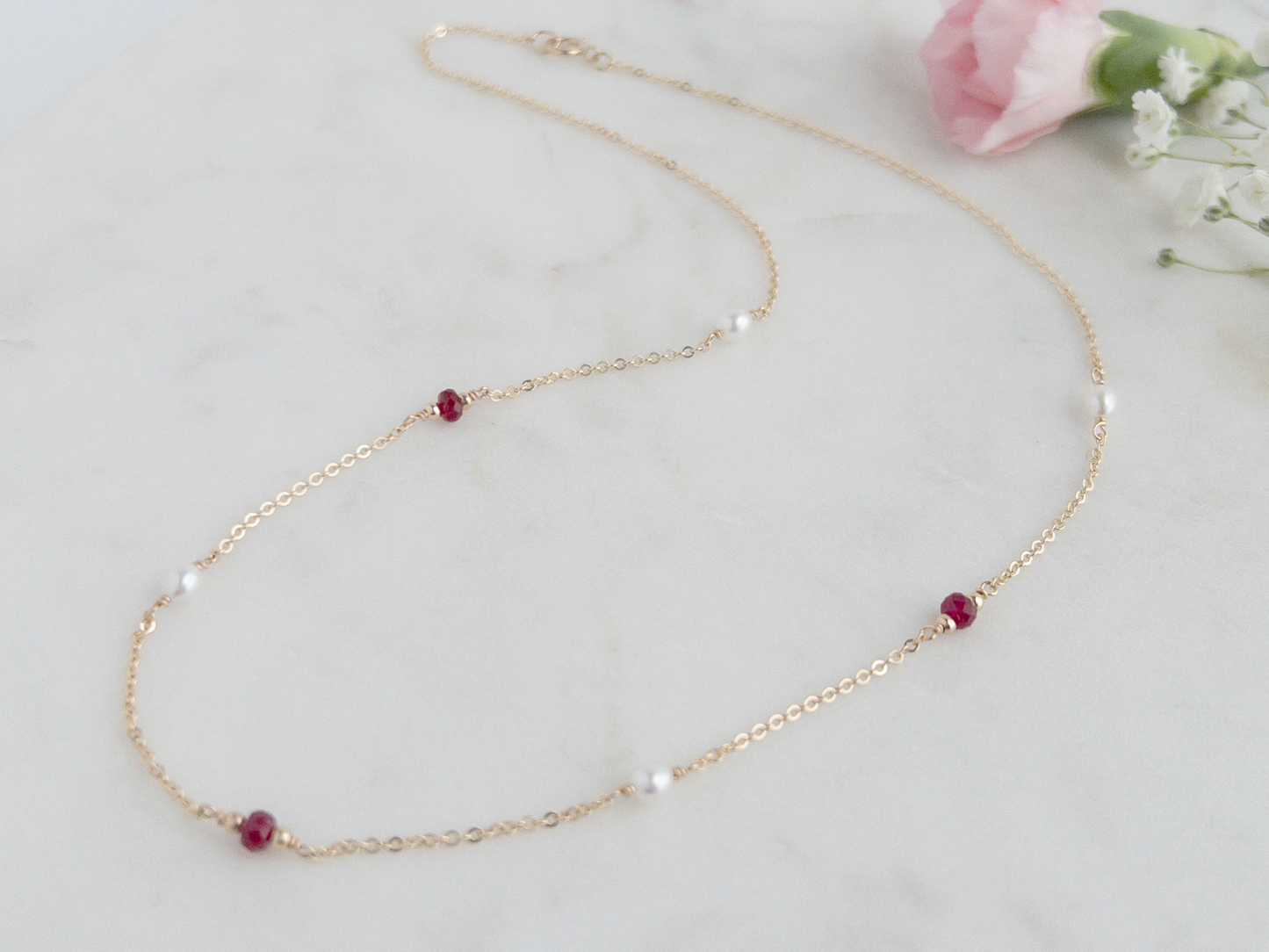Gigi Ruby and Pearl Station Necklace