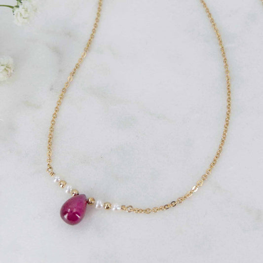 Ruby and pearl necklace on 14k gold filled chain
