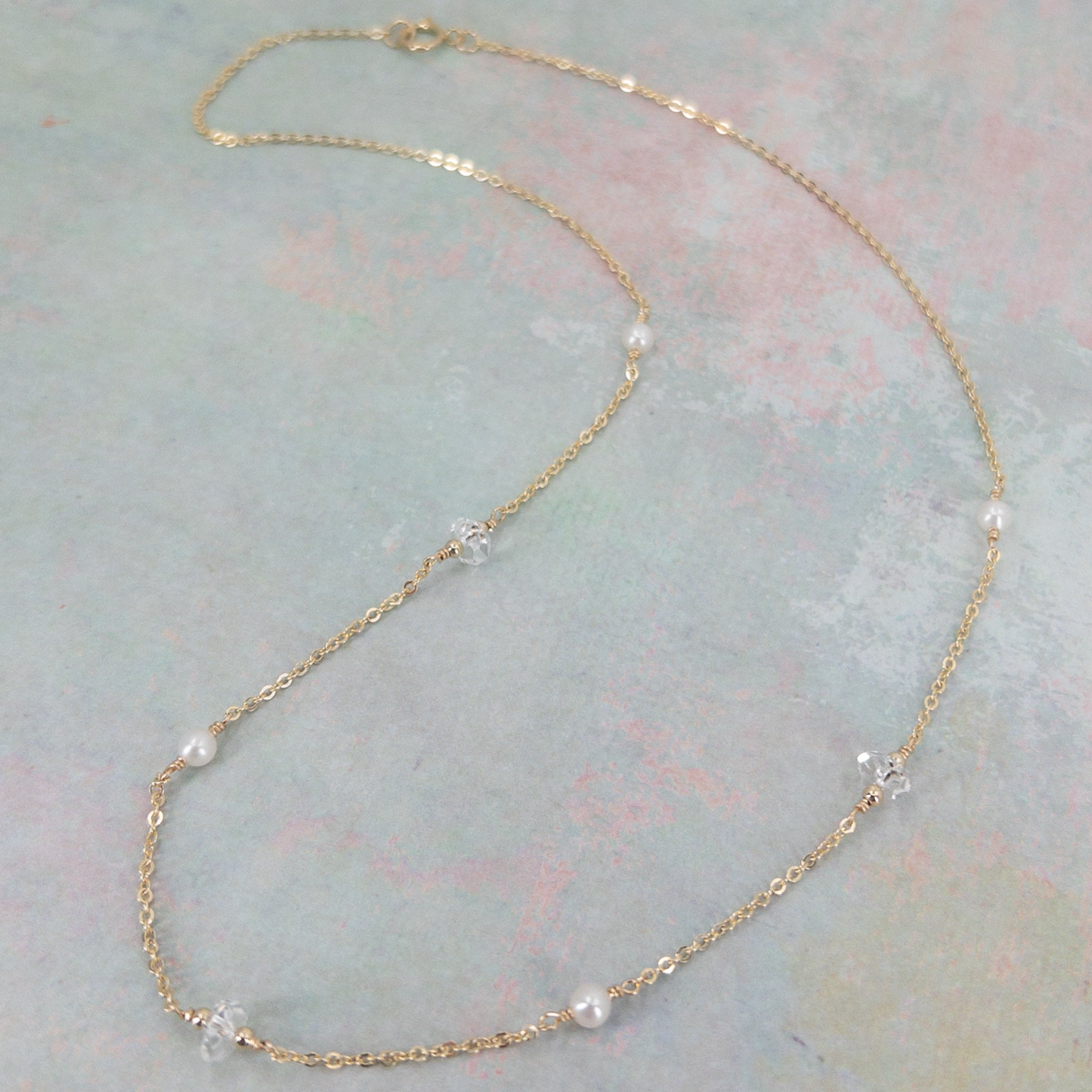 Herkimer Diamond and Pearl Station Necklace