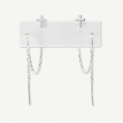Sterling Silver Cross Double Piercing Earrings