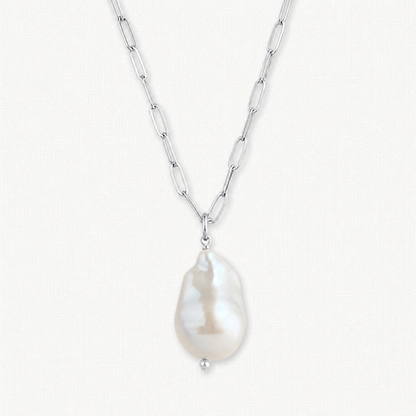 Sterling Silver Large Pearl Necklace on paperclip chain