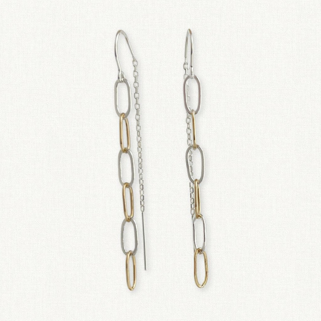 sterling silver threader earrings with alternating gold and silver links.  Mixed metal threader earrings for women.