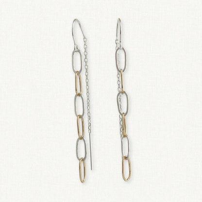 sterling silver threader earrings with alternating gold and silver links.  Mixed metal threader earrings for women.