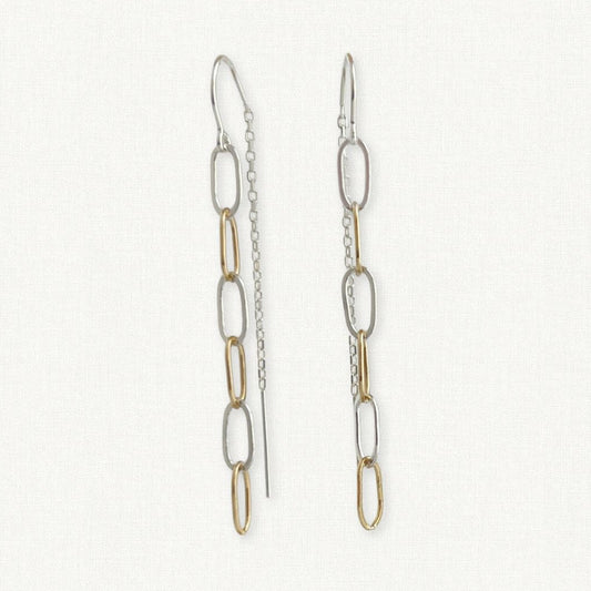 sterling silver threader earrings with alternating gold and silver links.  Mixed metal threader earrings for women.