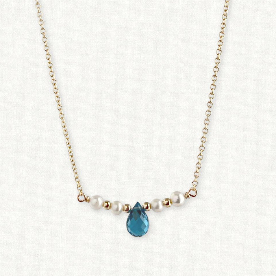The Isla Necklace | Swiss Blue Topaz and Pearl Bar Necklace