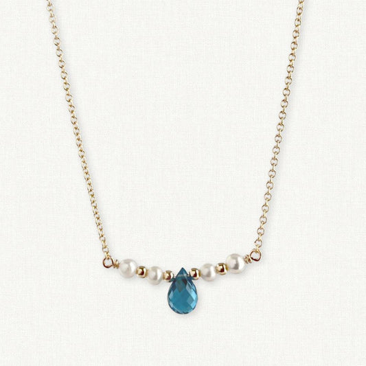 The Isla Necklace | Swiss Blue Topaz and Pearl Bar Necklace
